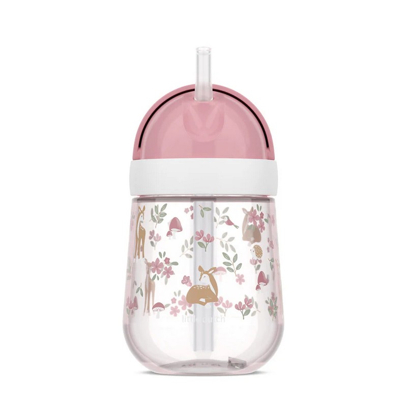 Bicchiere per neonati con cannuccia decorato con cerbiatti, ricci, fiori e funghi, un utilissimo regalo per neomamme e neopapà