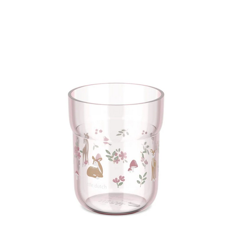 Bicchiere per bambini rosa decorato con cerbiatti, fiori e funghi