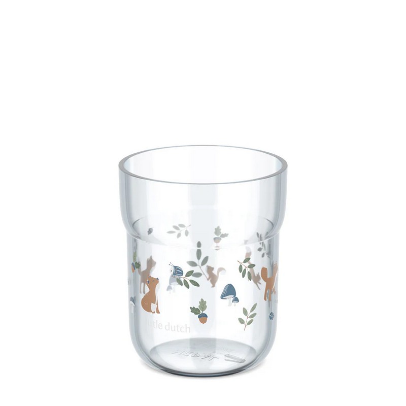 Bicchiere per bambini azzurro decorato con volpi, scoiattoli, insetti e ghiande