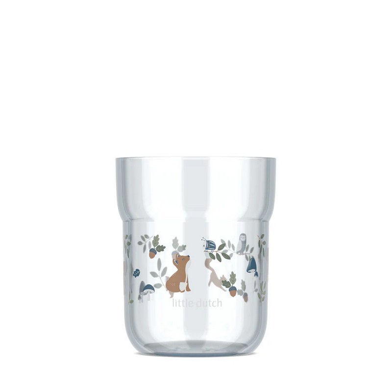 Bicchiere per bambini azzurro decorato con volpi, scoiattoli, insetti e ghiande