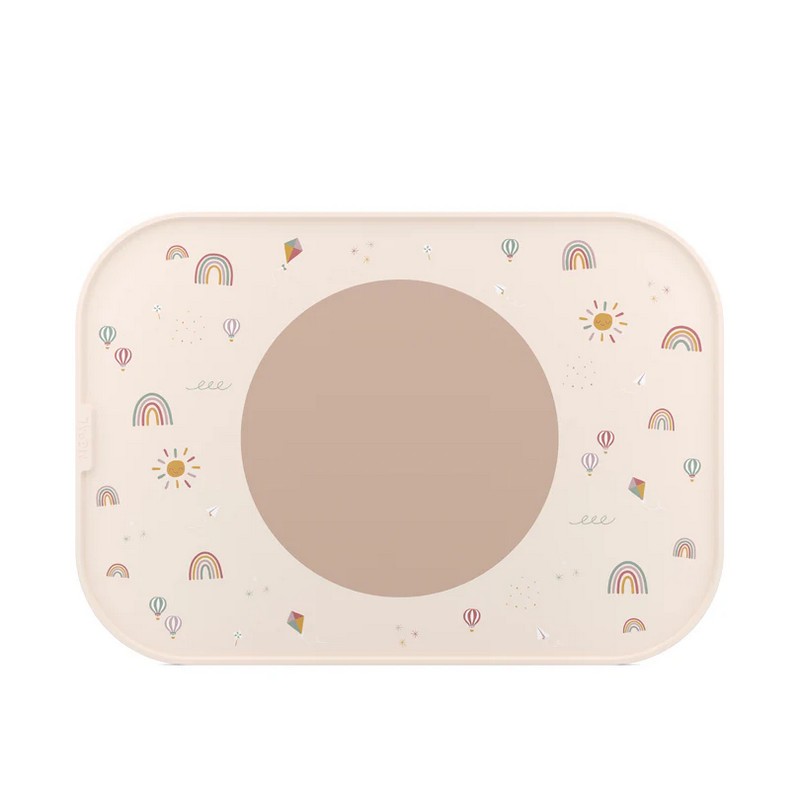 Vassoio antiscivolo per bambini rosa decorato con sole, arcobaleni e mongolfiere, al centro presenta un cerchio in silicone antiscivolo removibile