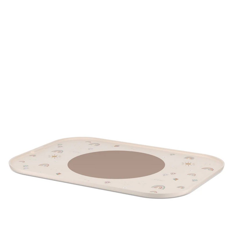 Vassoio antiscivolo per bambini rosa decorato con sole, arcobaleni e mongolfiere, al centro presenta un cerchio in silicone antiscivolo removibile
