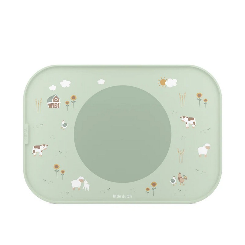 Vassoio antiscivolo per bambini verde decorato con animali della fattoria, al centro presenta un cerchio in silicone antiscivolo removibile