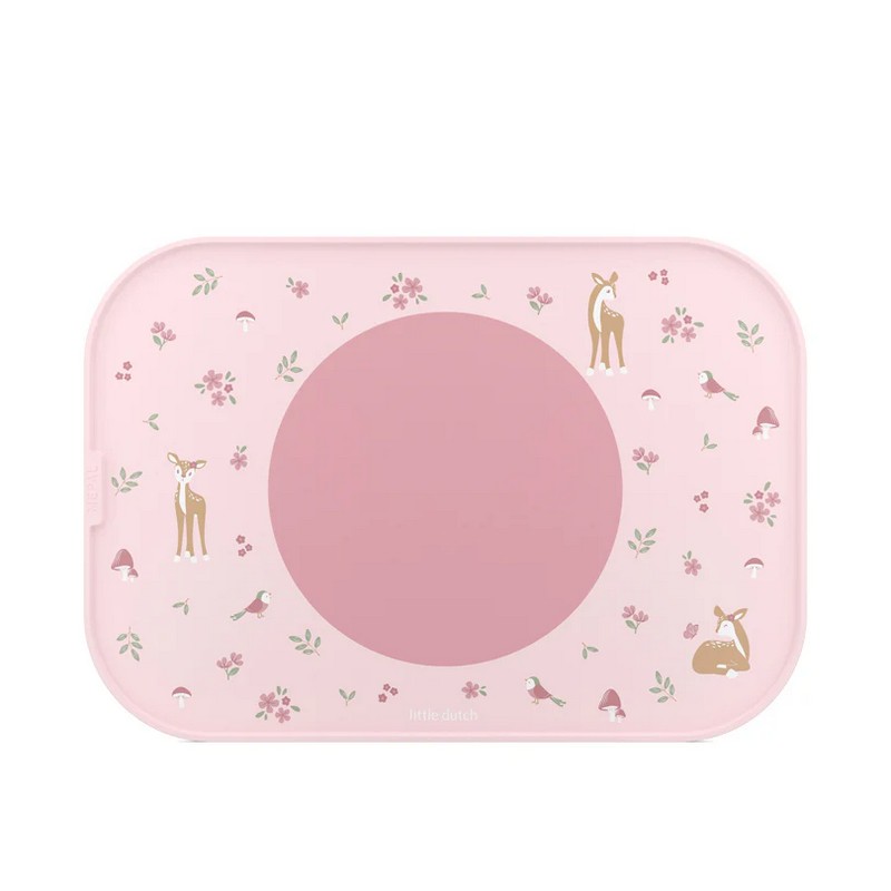 Vassoio antiscivolo per bambini rosa decorato con cerbiatti, uccellini e piante, al centro presenta un cerchio in silicone antiscivolo removibile