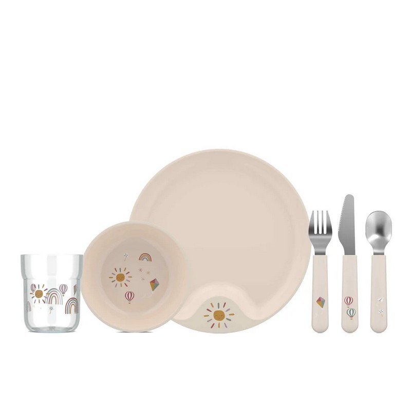 Set pappa per bambini da 6 pezzi color cipria decorato con sole, arcobaleni, aquiloni e mongolfiere, contiene piatto, ciotola, bicchiere, forchetta, coltello e cucchiaio