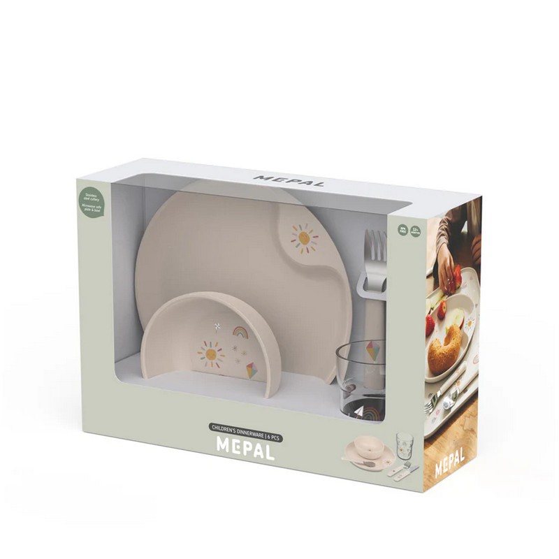 Set pappa per bambini da 6 pezzi color cipria decorato con sole, arcobaleni, aquiloni e mongolfiere, contiene piatto, ciotola, bicchiere, forchetta, coltello e cucchiaio