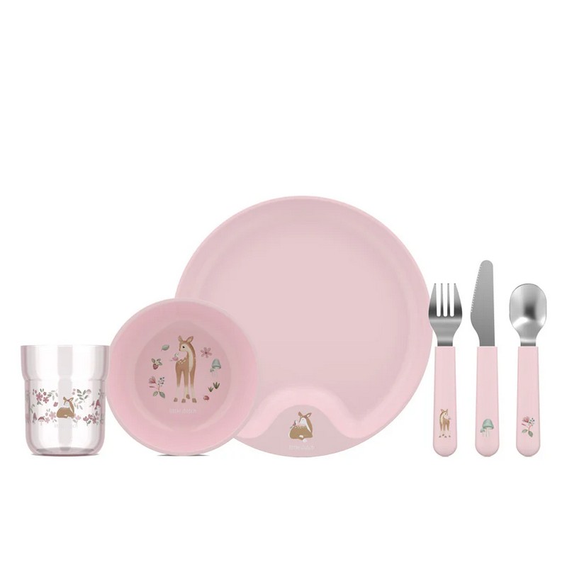 Set pappa per bambini da 6 pezzi rosa decorato con cerbiatti, funghi e piante contiene piatto, ciotola, bicchiere, forchetta, coltello e cucchiaio
