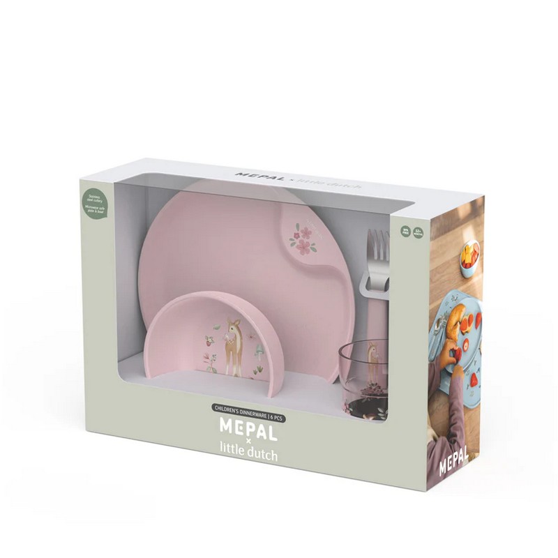 Set pappa per bambini da 6 pezzi rosa decorato con cerbiatti, funghi e piante contiene piatto, ciotola, bicchiere, forchetta, coltello e cucchiaio