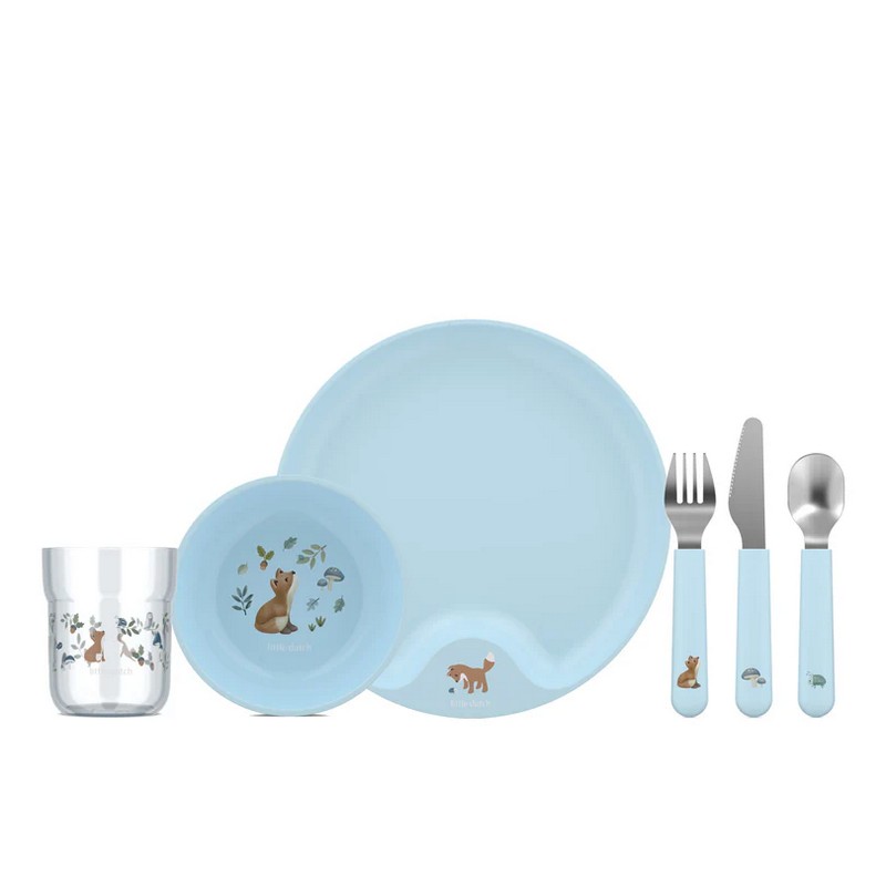 Set pappa per bambini azzurro da 6 pezzi decorato con volpi, piante e funghi, contiene piatto, ciotola, bicchiere, forchetta, coltello e cucchiaio