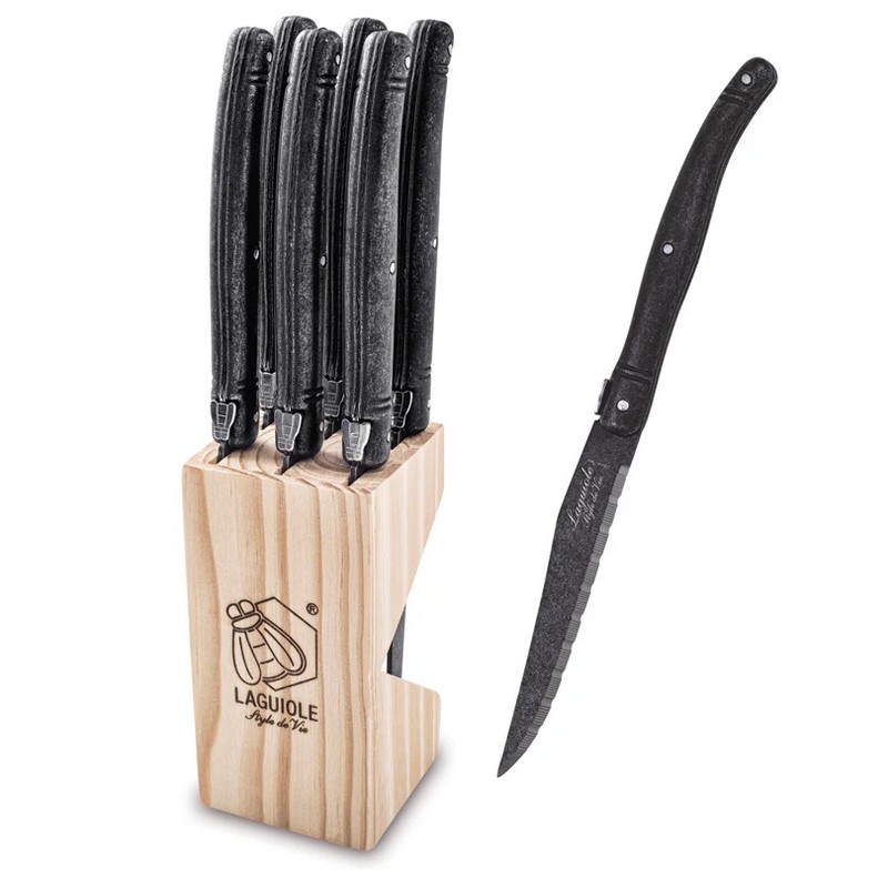 Set 6 coltelli da bistecca premium neri stonewash con ceppo di legno dove riporli, una fantastica idea regalo per cuochi e chef