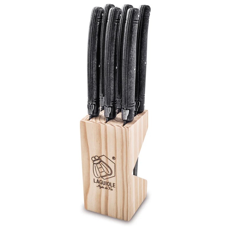 Set 6 coltelli da bistecca premium neri stonewash con ceppo di legno dove riporli, una fantastica idea regalo per cuochi e chef