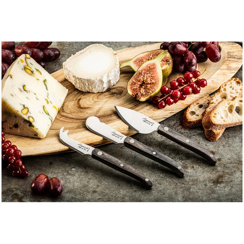 Set 3 coltelli da formaggio premium con manici in legno di pakka presentati in un elegante cofanetto di legno, una fantastica idea regalo per cuochi e chef