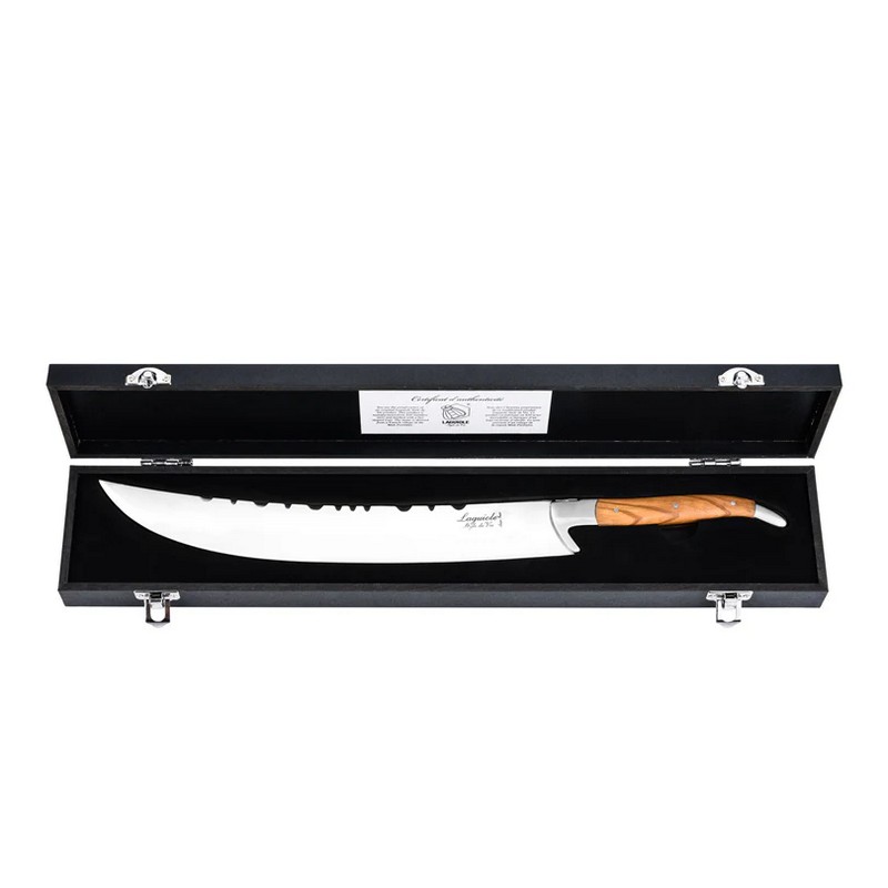 Sciabola per aprire lo champagne come un vero sommelier con manico in legno di ulivo presentata in un elegante cofanetto nero, ideale per i tuoi regali per appassionati di vino