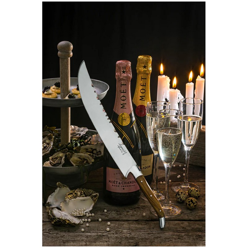 Sciabola per aprire lo champagne come un vero sommelier con manico in legno di ulivo presentata in un elegante cofanetto nero, ideale per i tuoi regali per appassionati di vino