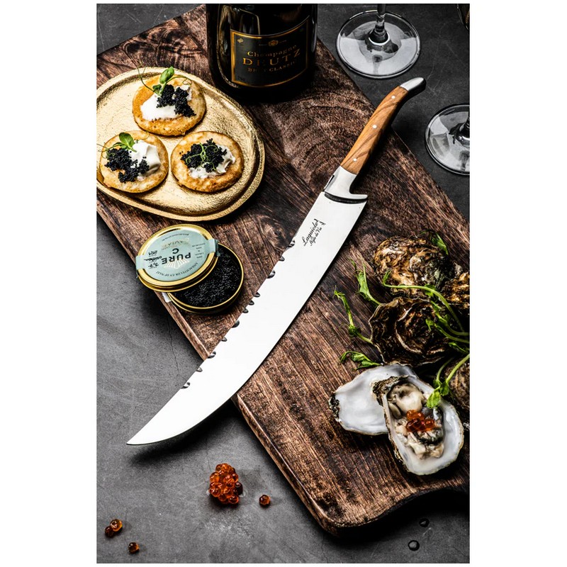 Sciabola per aprire lo champagne come un vero sommelier con manico in legno di ulivo presentata in un elegante cofanetto nero, ideale per i tuoi regali per appassionati di vino