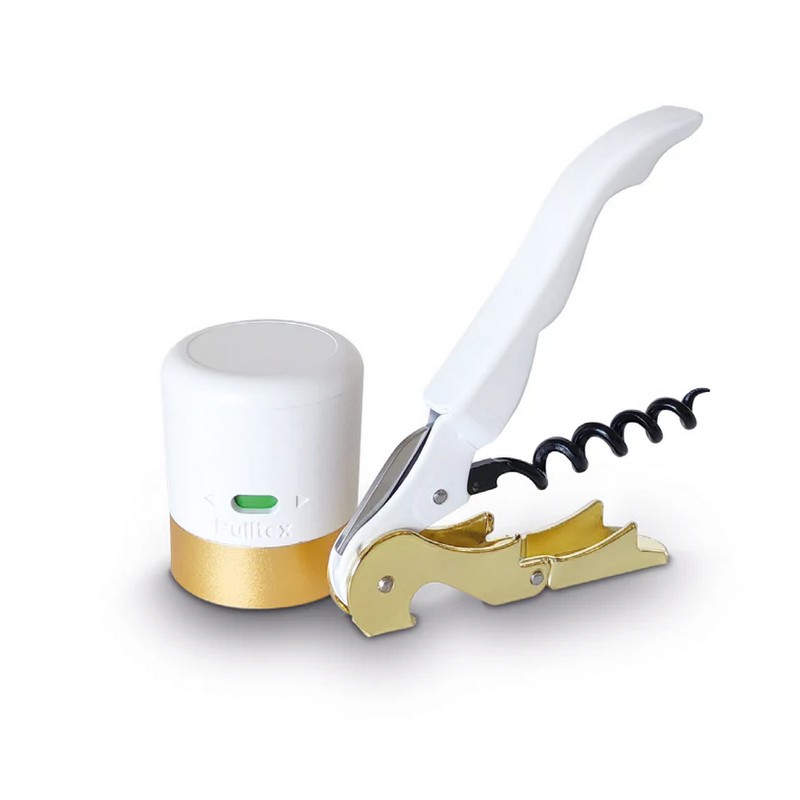 Set vino/spumante contenente tappo ermetico e cavatappi con apribottiglie, il tutto bianco e oro, perfetto per i tuoi regali per appassionati di vini