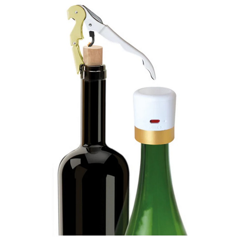 Set vino/spumante contenente tappo ermetico e cavatappi con apribottiglie, il tutto bianco e oro, perfetto per i tuoi regali per appassionati di vini