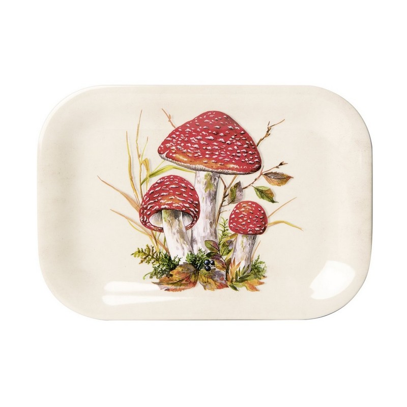 Vassoio bianco in melamina decorato con funghi rossi