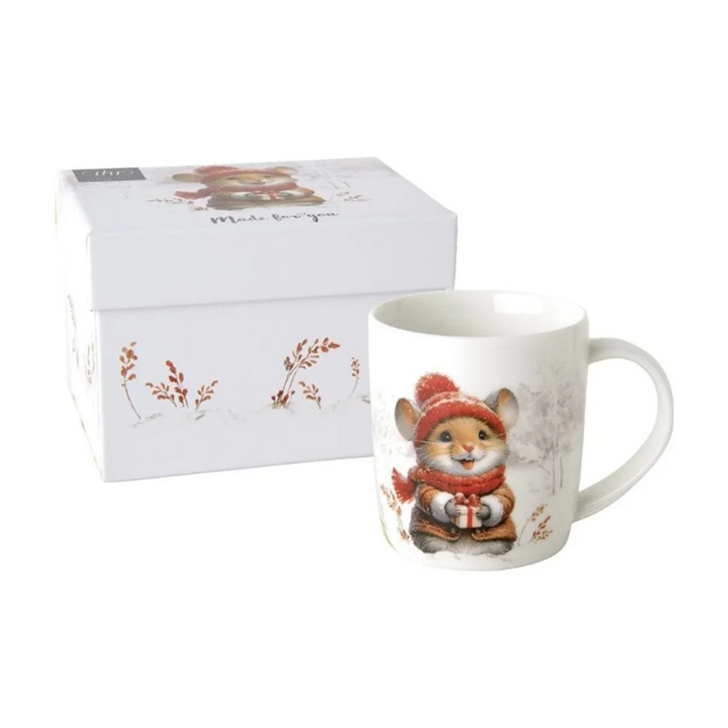 Tazza mug in ceramica decorata con topolino natalizio in scatola con decoro abbinato, per una tenerissima idea regalo di Natale