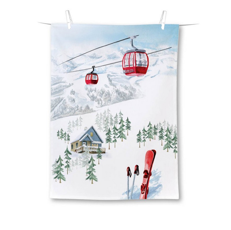Strofinaccio da cucina decorato con paesaggio invernale, cabinovie e rifugio