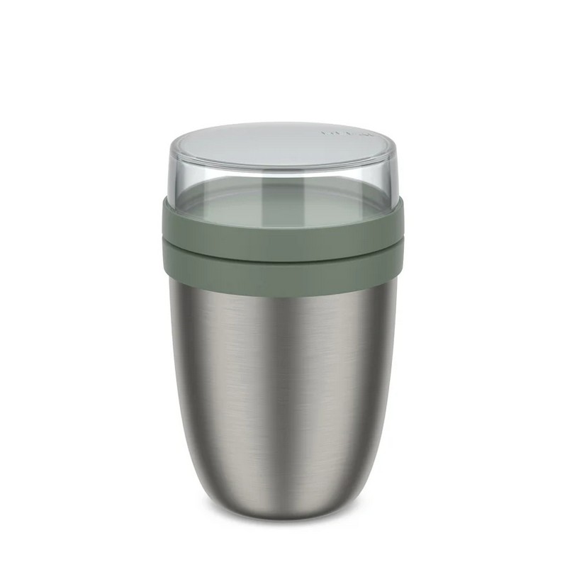 Portapranzo termico doppio, composto da due contenitori, in acciaio inox con dettagli verdi