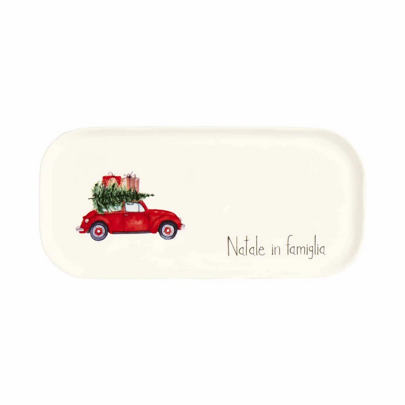 Piatto rettangolare natalizio in ceramica decorato con auto con albero e scritta “Natale in famiglia”, perfetti come idea regalo di Natale