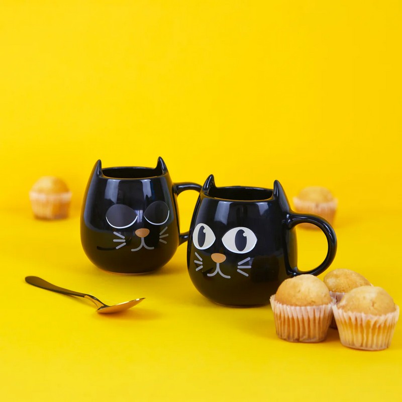 Set 2 tazzine da tè o caffè nere in ceramica con gatto magico che dorme quando la tazza è vuota e si sveglia col calore delle bevande calde, una fantastica idea regalo per amanti dei gatti!