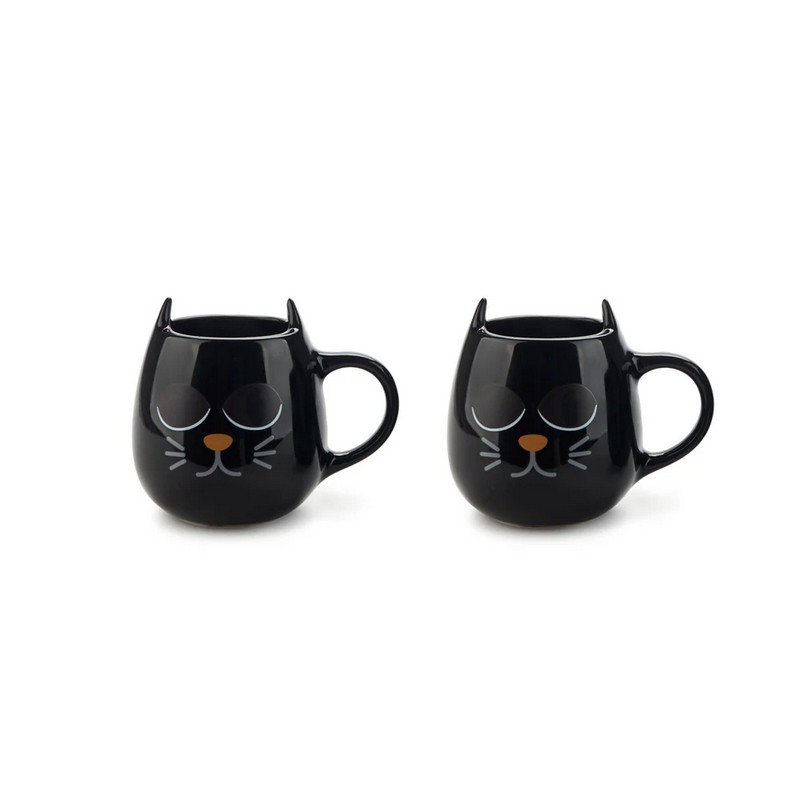 Set 2 tazzine da tè o caffè nere in ceramica con gatto magico che dorme quando la tazza è vuota e si sveglia col calore delle bevande calde, una fantastica idea regalo per amanti dei gatti!
