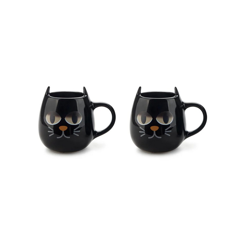 Set 2 tazzine da tè o caffè nere in ceramica con gatto magico che dorme quando la tazza è vuota e si sveglia col calore delle bevande calde, una fantastica idea regalo per amanti dei gatti!