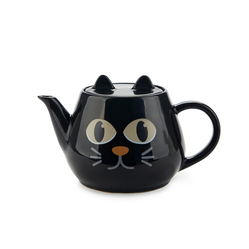 Teiera in ceramica nera con gatto magico che dorme quando la tisaniera è vuota e si sveglia col calore delle bevande calde, con doppio filtro, una fantastica idea regalo per amanti dei gatti!