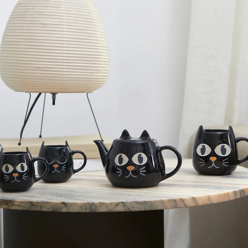 Teiera in ceramica nera con gatto magico che dorme quando la tisaniera è vuota e si sveglia col calore delle bevande calde, con doppio filtro, una fantastica idea regalo per amanti dei gatti!