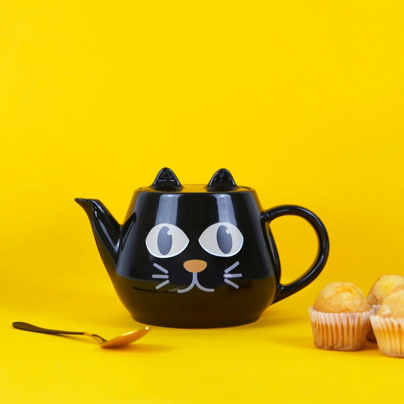 Teiera in ceramica nera con gatto magico che dorme quando la tisaniera è vuota e si sveglia col calore delle bevande calde, con doppio filtro, una fantastica idea regalo per amanti dei gatti!