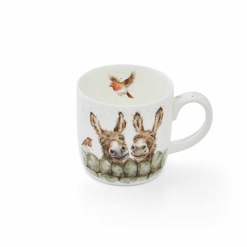 Tazza mug in fine bone china decorata con disegni di asini e pettirosso (fronte, retro e interno), una fantastica idea regalo donna, uomo o coppie