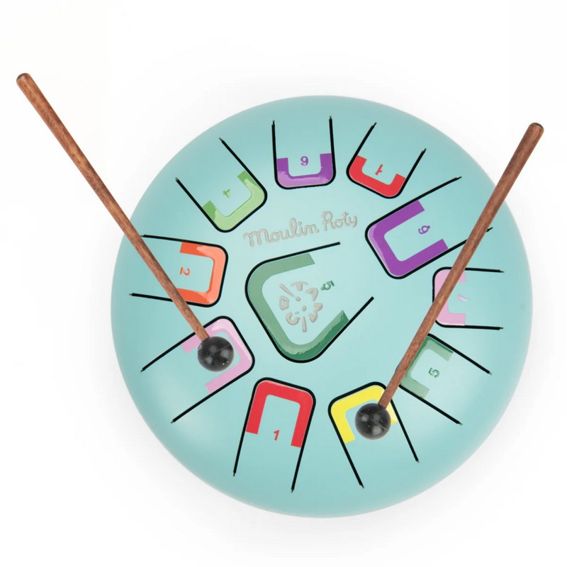 Tamburo a lingue in metallo (steel tongue drums) di colore azzurro, include bacchette, libretto con canzoni e borsa per il trasporto - una fantastica idea regalo per bambini!