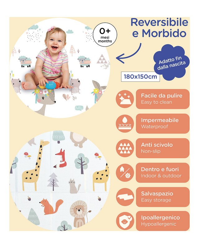 Tappeto da gioco Montessori 2 in 1, con decoro reversibile, facilmente pieghevole e riponibile nella borsa inclusa - un'utilissima idea regalo per neonati, bambini e neogenitori!