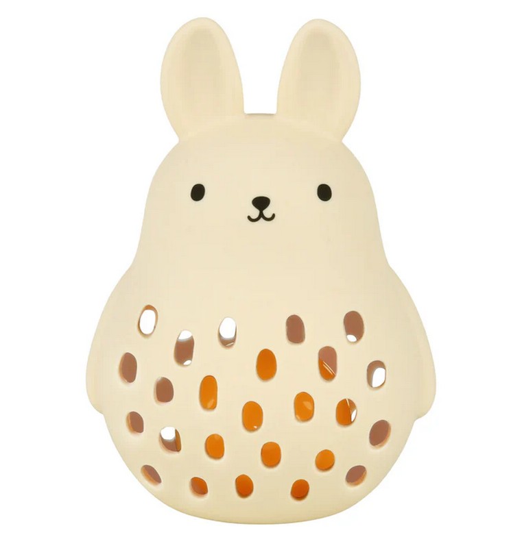 Sonaglio morbido in silicone alimentare a forma di coniglio che funge anche da massaggiagengive per aiutare la dentizione, una perfetta idea regalo per neonati e neogenitori