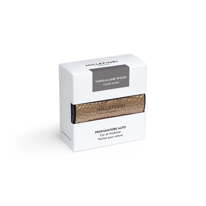 Profumatore per auto Millefiori Metal Shades con essenza Vanilla & Wood e scocca in metallo oro