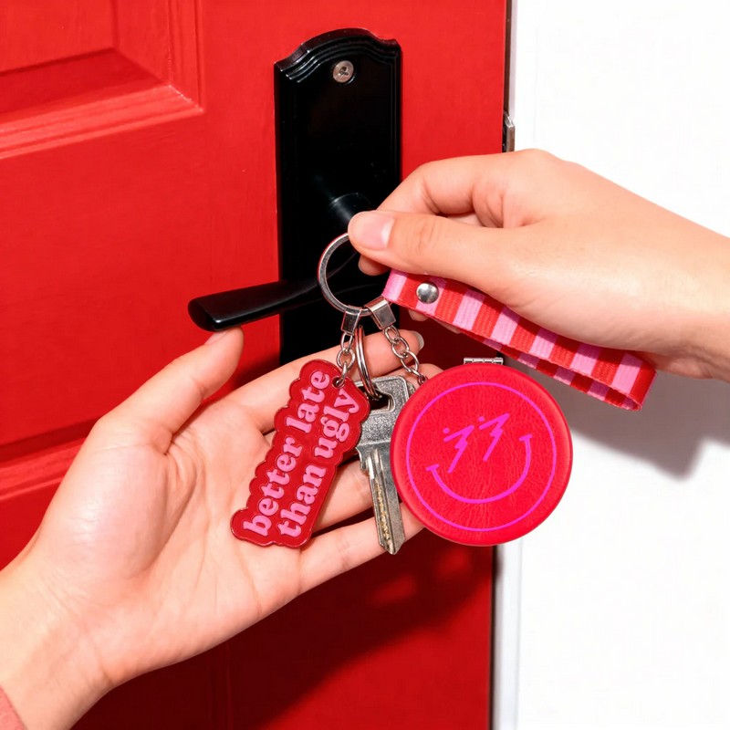 Portachiavi con specchio richiudibile decorato con targhetta con scritta “Better late than ugly