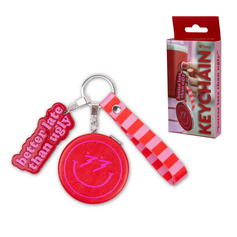 Portachiavi con specchio richiudibile decorato con targhetta con scritta “Better late than ugly