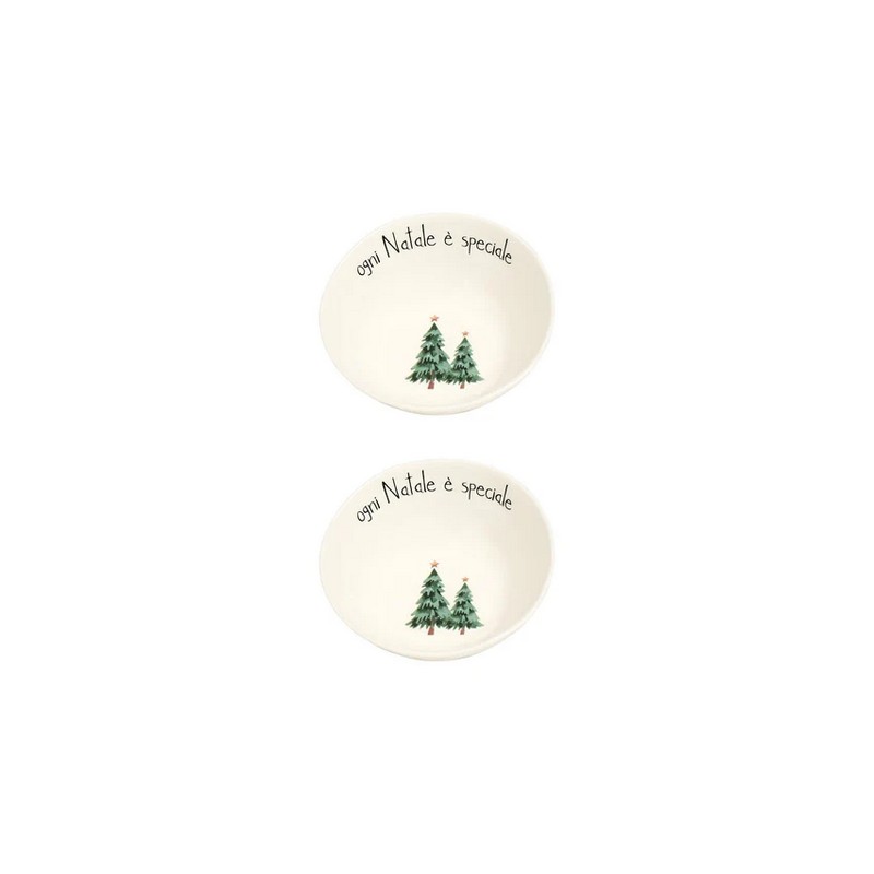 Set 2 coppette in ceramica decorate con alberi e scritta “Ogni Natale è speciale”, perfetta come idea regalo di Natale, utilizzabile in lavastoviglie e microonde