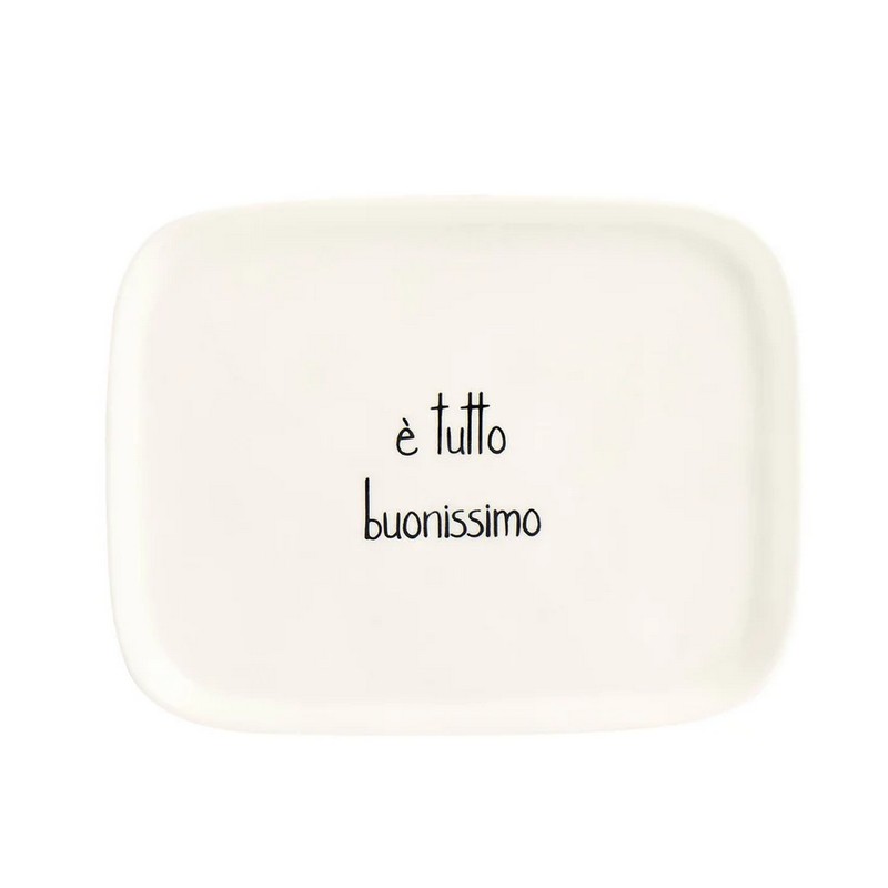 Piatto rettangolare in gres bianco decorato con scritta “È tutto buonissimo