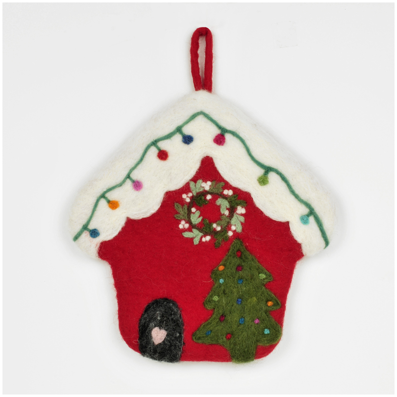 Sottopentola in lana cotta fatto a mano a forma di casetta di Natale, perfetto come idea regalo di Natale originale