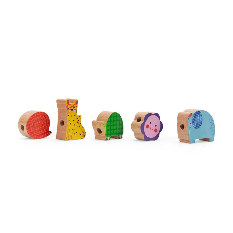 Gioco con perline e animali in legno da infilare e sfilare, per un'originale idea regalo per bambini!