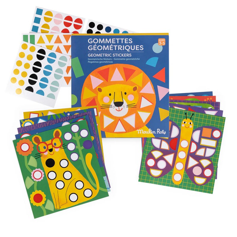 Gioco con 10 immagini di animali da completare attaccando gommini geometrici a mosaico, per un'originale idea regalo per bambini!