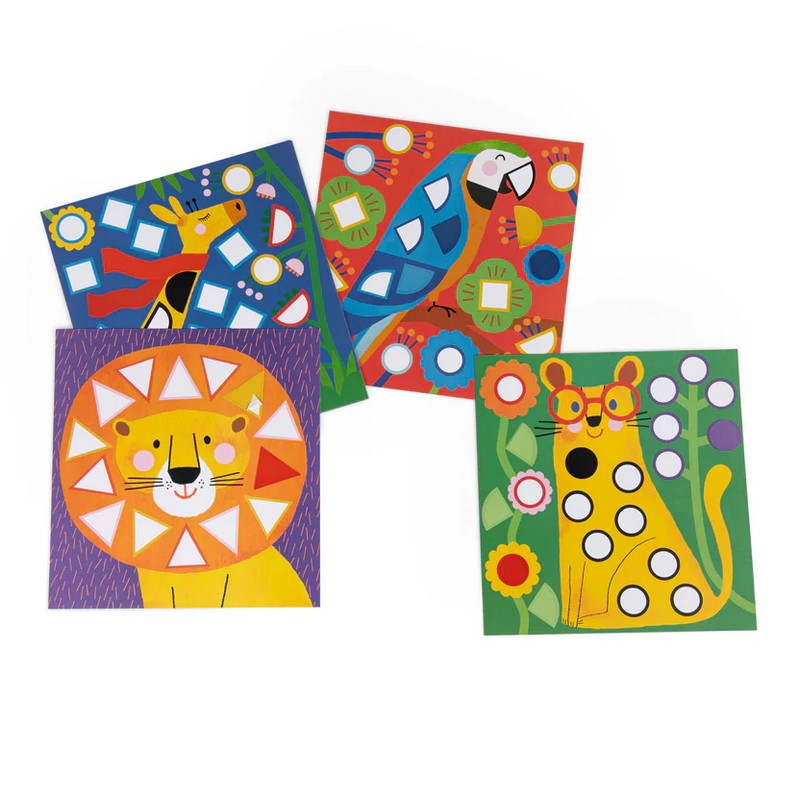 Gioco con 10 immagini di animali da completare attaccando gommini geometrici a mosaico, per un'originale idea regalo per bambini!
