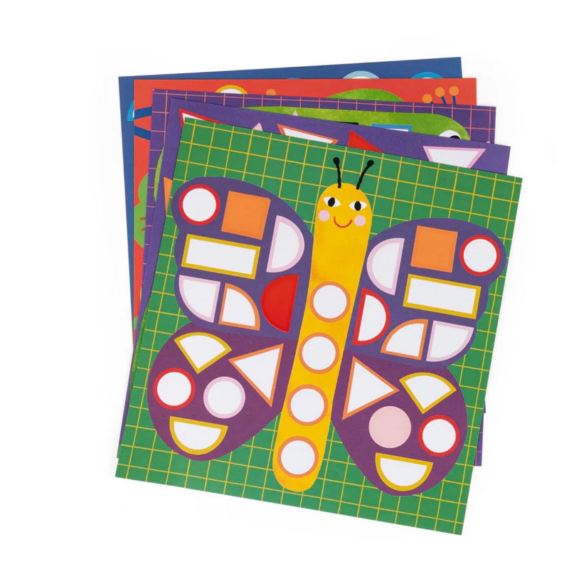 Gioco con 10 immagini di animali da completare attaccando gommini geometrici a mosaico, per un'originale idea regalo per bambini!