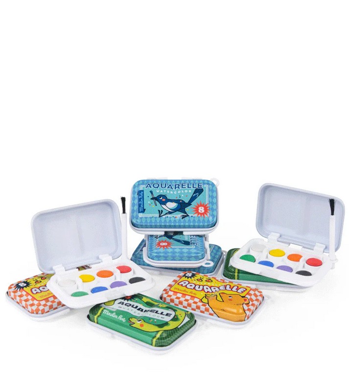 Mini acquerelli da viaggio con 8 colori e pennellino in cofanetti di latta assortiti, una fantastica idea regalo per bambini creativi