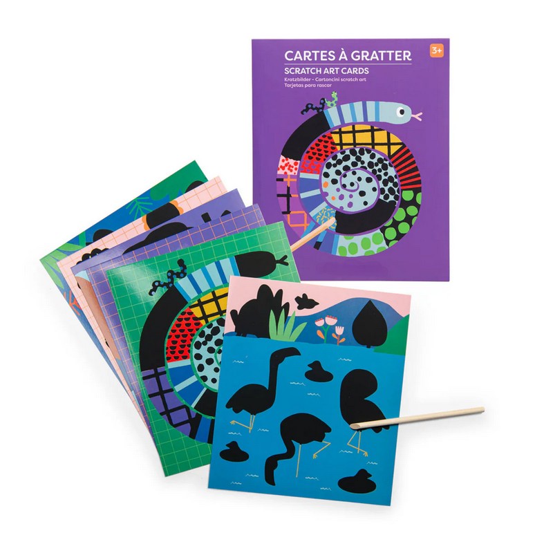 Gioco con 6 carte disegnate con sezioni nere da grattare per completare il disegno, per un'originale idea regalo per bambini!