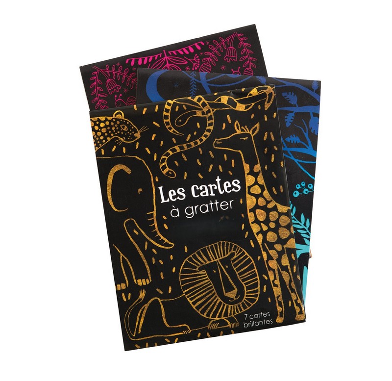 Gioco Scratch Art con 7 fogli neri da grattare per disegnare, disponibile in colori brillanti, fluo o notturni, per un'originale idea regalo per bambini! Stilo per grattare incluso