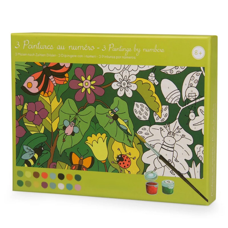 Set di 3 tavole a tema botanico da dipingere seguendo i numeri con i 16 colori e i 2 pennelli inclusi, per un'originale idea regalo per bambini